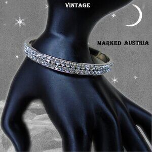 Rhinestone Bangle Marked Austria, Silvertone Rhodium Finish 80s Vintage Bracelet